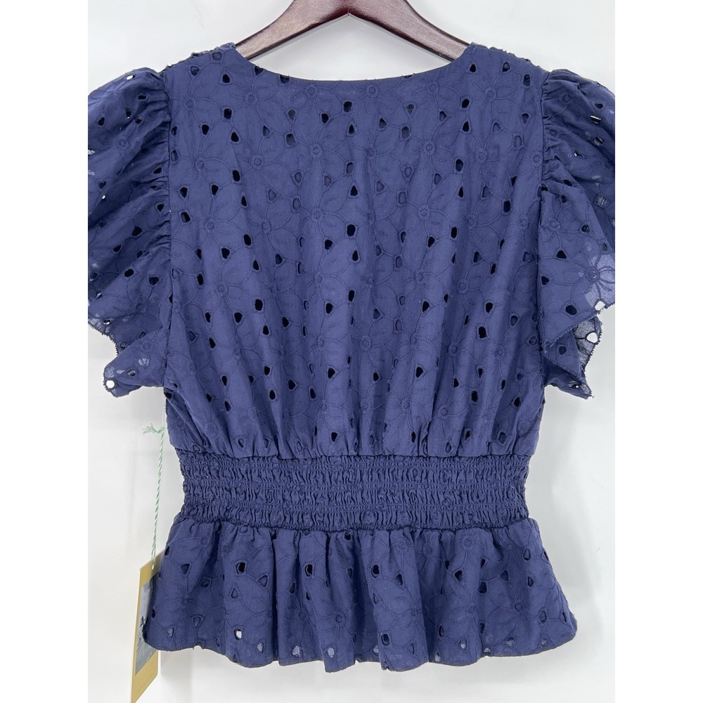 Birds of Paradis Trovata Top Womens S Navy Blue Eyelet Smocked Peplum Blouse - Picture 8 of 9